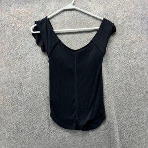 Free People Shirt Womens Small Black Ruffle Scoop Neck Stretch Top Cap Sleeve